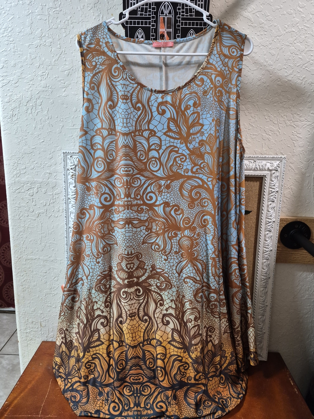 Sleeveless Blue and Brown Patterned Women's Sun Dress
